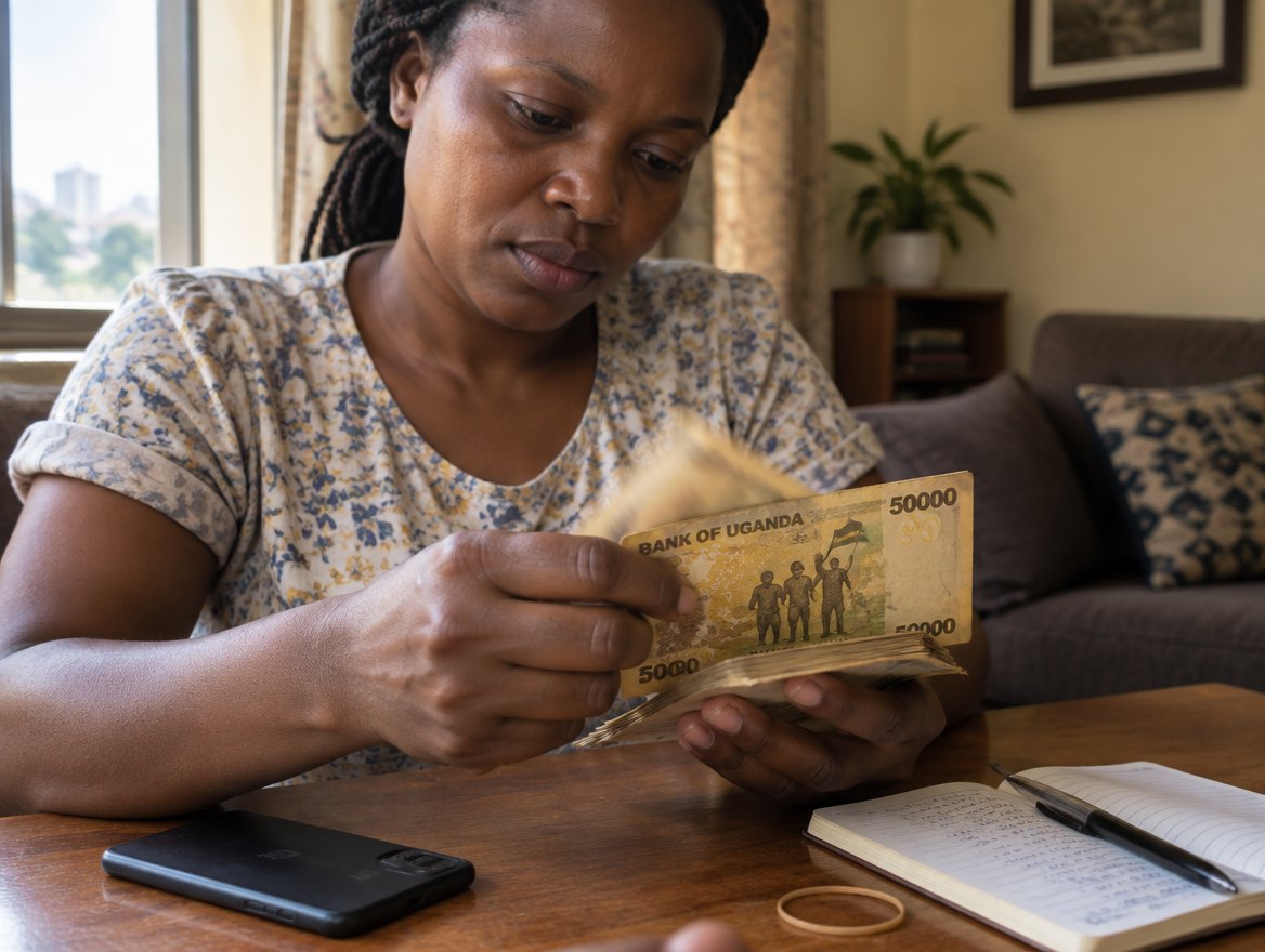 A member counting her monthly contribution at home in Kampala